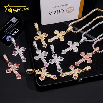 New Arrival Hip Hop Jewelry Iced Out 925 Silver Men Colorful Moissanite Cross Pendant for Necklace