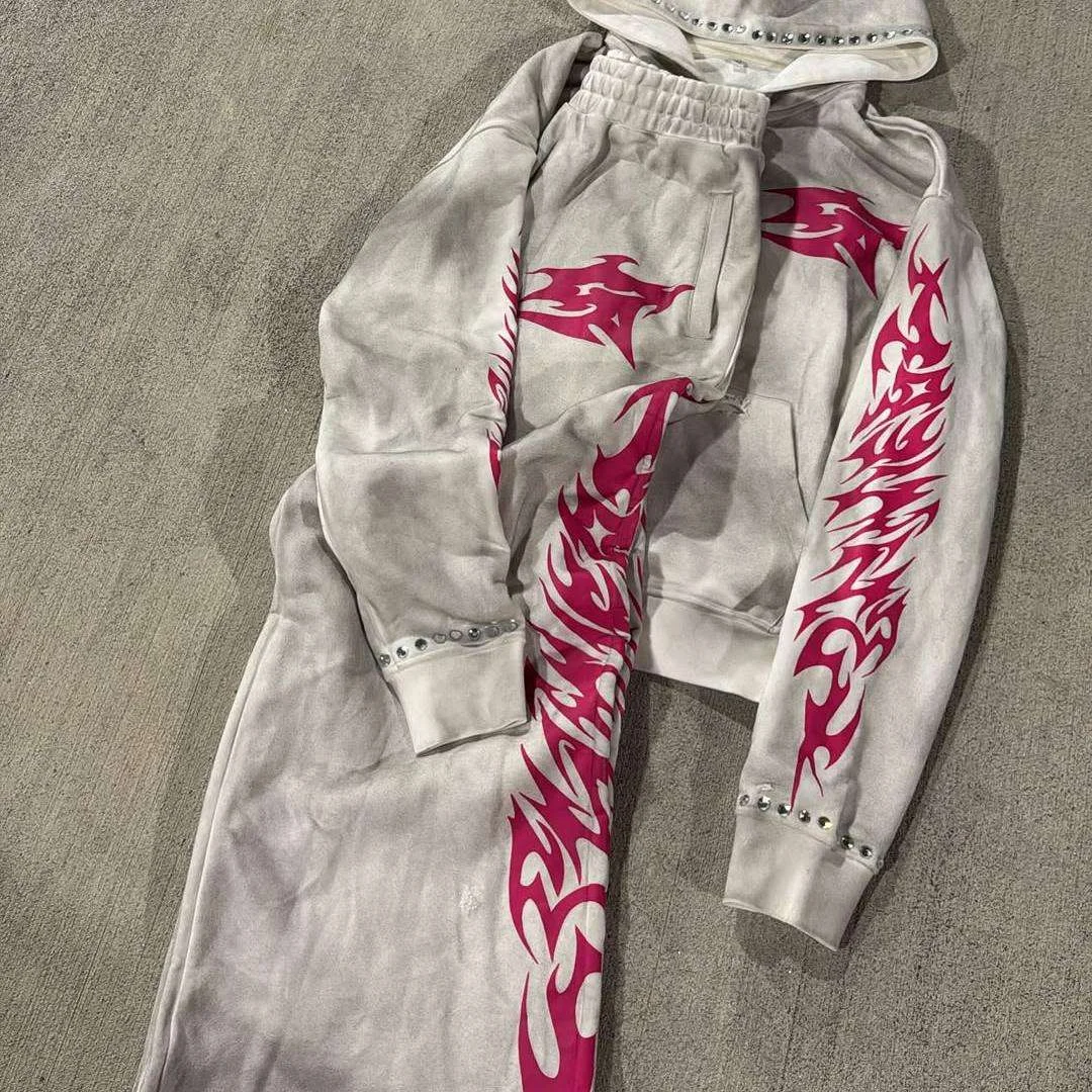 Custom Men Tracksuit Patch Embroidery Color Acid Washed Sweatpants Jogger Fit Vintage Baggy Fit Terry Men Fitness Hoodie Suit gallery 4