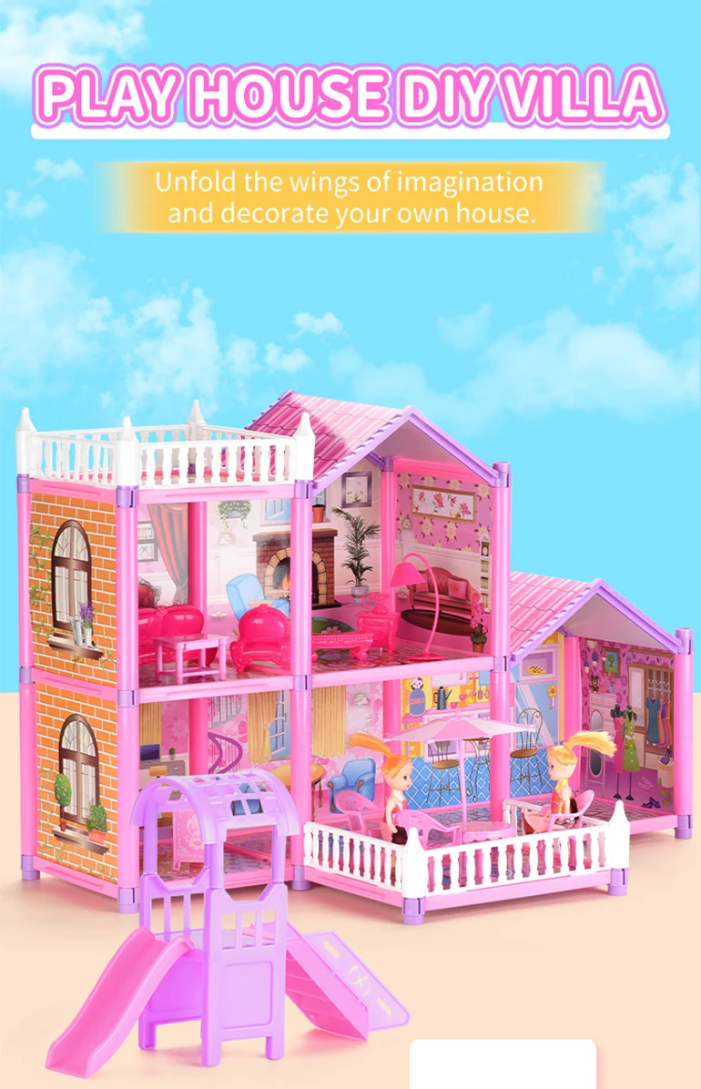 2 floors family diy villa house toys plastic mini girls doll houses toy furniture miniature doll house toys