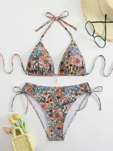 Custom New Sexy Print Metal Two Piece Bikini Triangle Halter Swimsuit Women High Waist Thong Swimwear