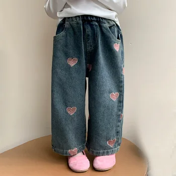 Girls' Embroidered Heart-shaped Jeans 2025 Spring and Autumn Collection New Children's Wide-leg Pants Baby Girls