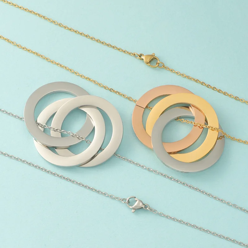 Blank 3 Circle Interlocking Rings Stainless Steel Custom Engraved Personalised Names Russian Ring Necklace for Mom Women