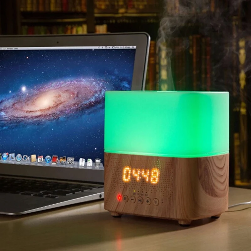 BT Speaker Humidifier Radio Alarm Clock Mist Sprayer Colorful Lights Wooden Mist Maker Diffuser Cool Mist Humidifier
