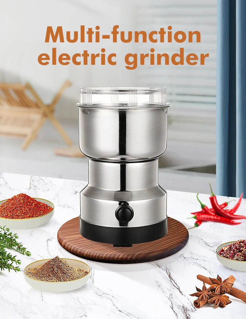 Silver Mini Electric Coffee Grinder for Household Use for Spices and Seeds with 2 Removable Stainless Steel Bowls