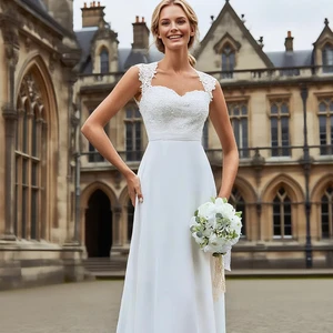 French Inspired Floor  Length Wedding Dress with Lace Cap Sleeves Sweetheart Neckline Open Back Minimalist Dress