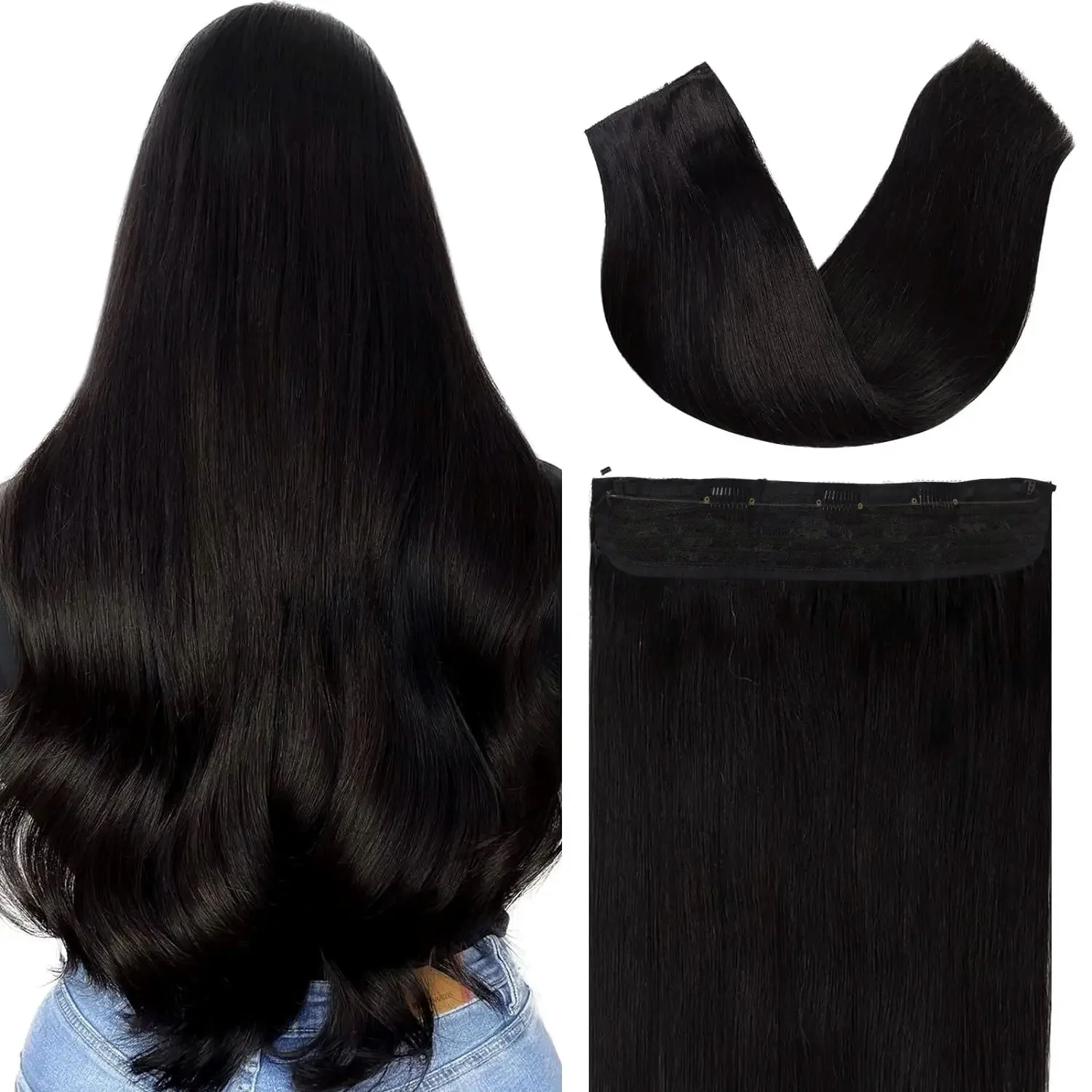 100 % Remy-Echthaar-Extensions, seidig glatte, tiefschwarze Haarteile für Frauen_voghion.com
