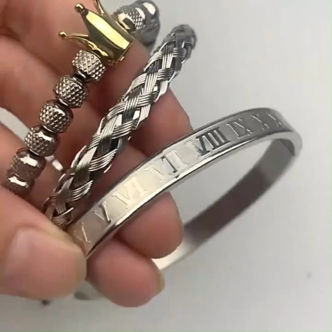 Luxury Fashion 3Pcs Set Woven Roman Numeral Bangle Stainless Steel