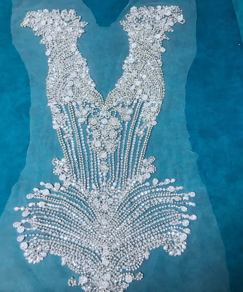 Shine Handmade Sew-On Felt Glass Beads Wedding Dress White Rhinestone  Bodice Applique Patches with PVC Custom Color
