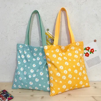 Green Handheld flower bag canvas for outdoor fashion printed calico cotton canvas tote school book bag for women ladies
