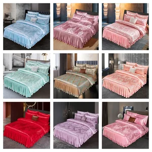 Wholesale European Satin Embroidered Jacquard 4 Piece Bed Skirt Bed Cover Duvet Cover Set TWIN QUEEN KING SIZE Bedding Set