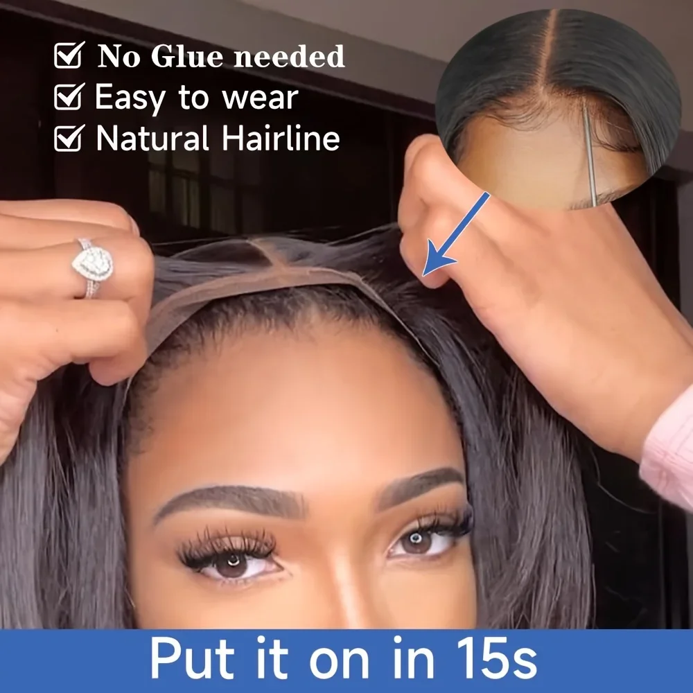 Wear and Go Bob-Perücken ohne Kleber, Echthaar, vorgezupft, vorgeschnitten, 8 x 5 Zoll, transparente Perücken mit Spitzenverschluss, 180 % Dichte, Damenperücken_voghion.com