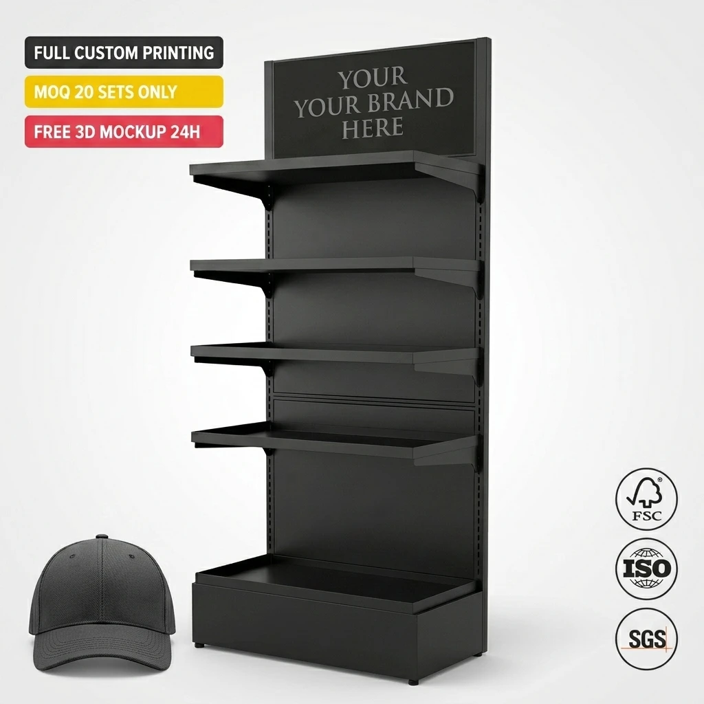 Custom Metal Hat Display Rack Baseball Cap Snapback Bucket Hat Floor Standing Retail Headwear Organizer Cap Stand Rack Fixture