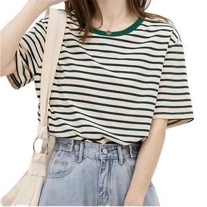 Summer New Arrival Women's O-Neck Short Sleeve  Striped T-Shirt Breathable Knitted Printed Casual Tops for Girls