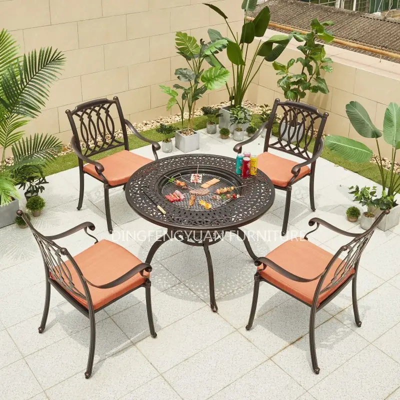 Garden Modern Dining Table Set Double Bbq Grill Round Table Cast Iron