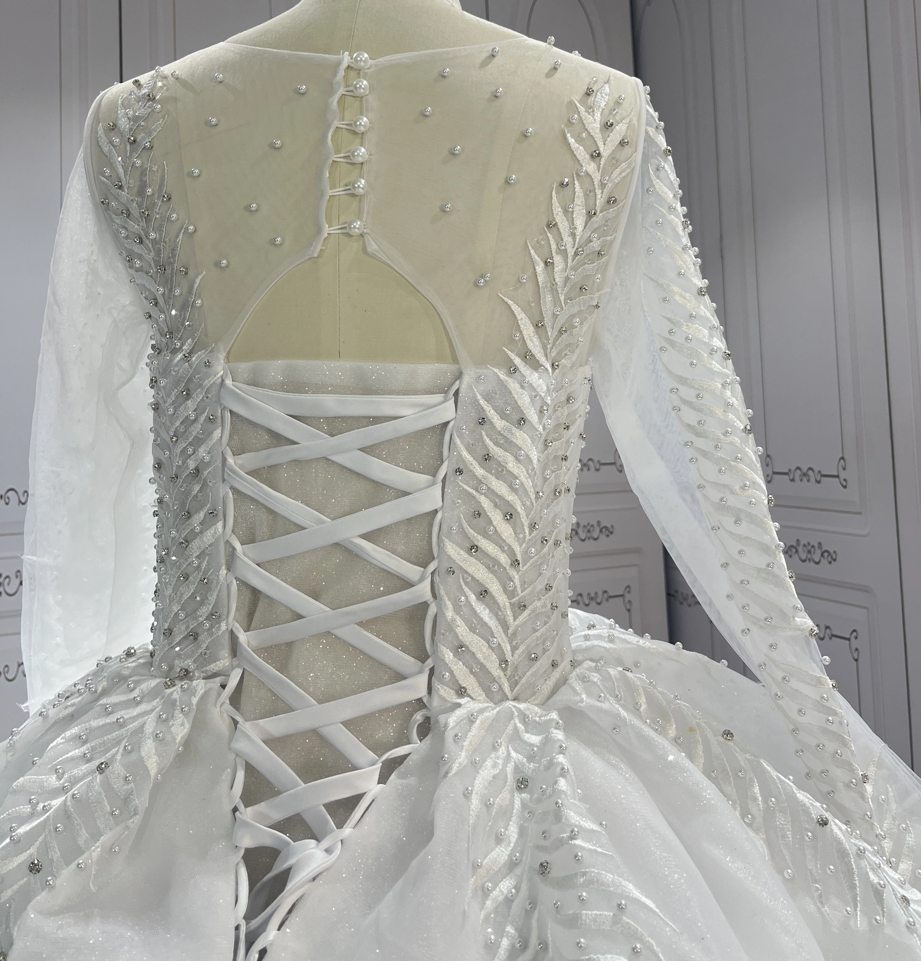 Crystal Bead Lace Couture Corset Back Princess Ball Gown Christian Elegant  Plu Size Bridal Gowns Wedding Dress Long Sleeves