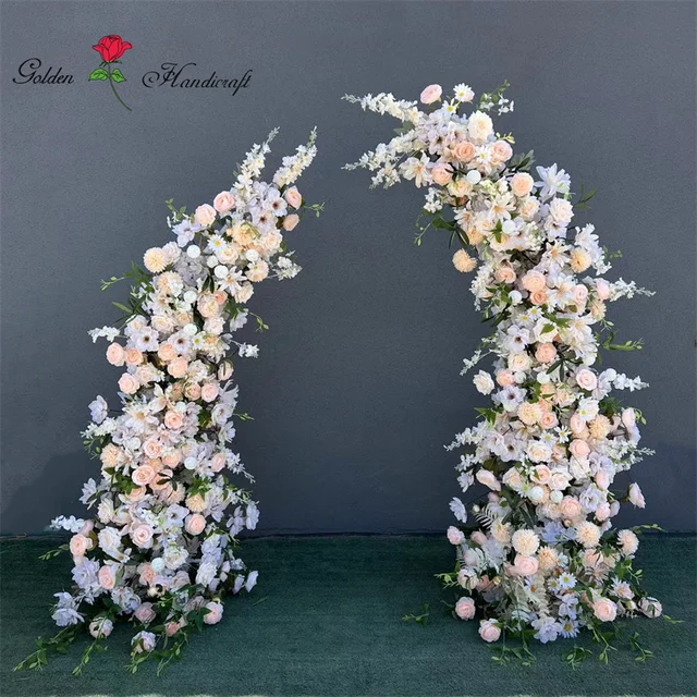 QSLH-S0646 Artificial Wedding Backdrop Floral Arrangement Asymmetric Horn Shape Arch Flowers Row for Wedding Entrance Decoration