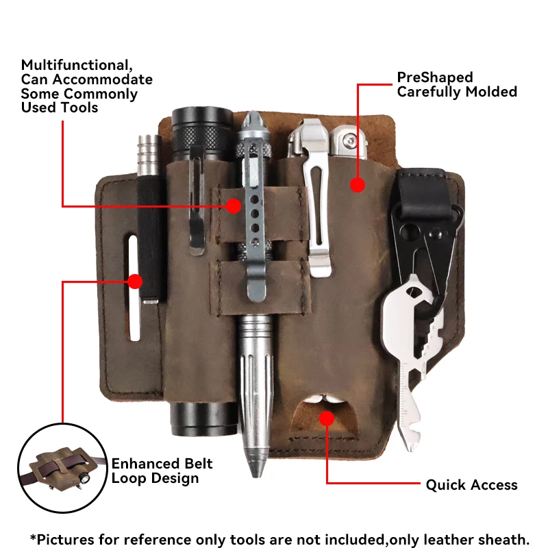 Men Leather EDCs Organizer Sheath EDCs Belt Sheath Pocket Organizer Leather Pouch With Pen Holder For Flashlight Knives Car Key - 18