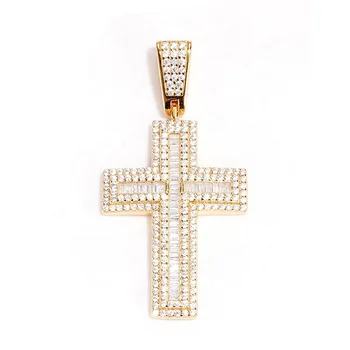 Mens cz diamond jewelry 10k 18k yellow gold white gold plated round baguette cross pendant