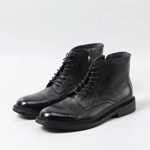 Wholesale New Trendy British Men's  Autumn Winter  Genuine Leather Rubber Sole & Side Zipper  Business Casual High Ankle Boots