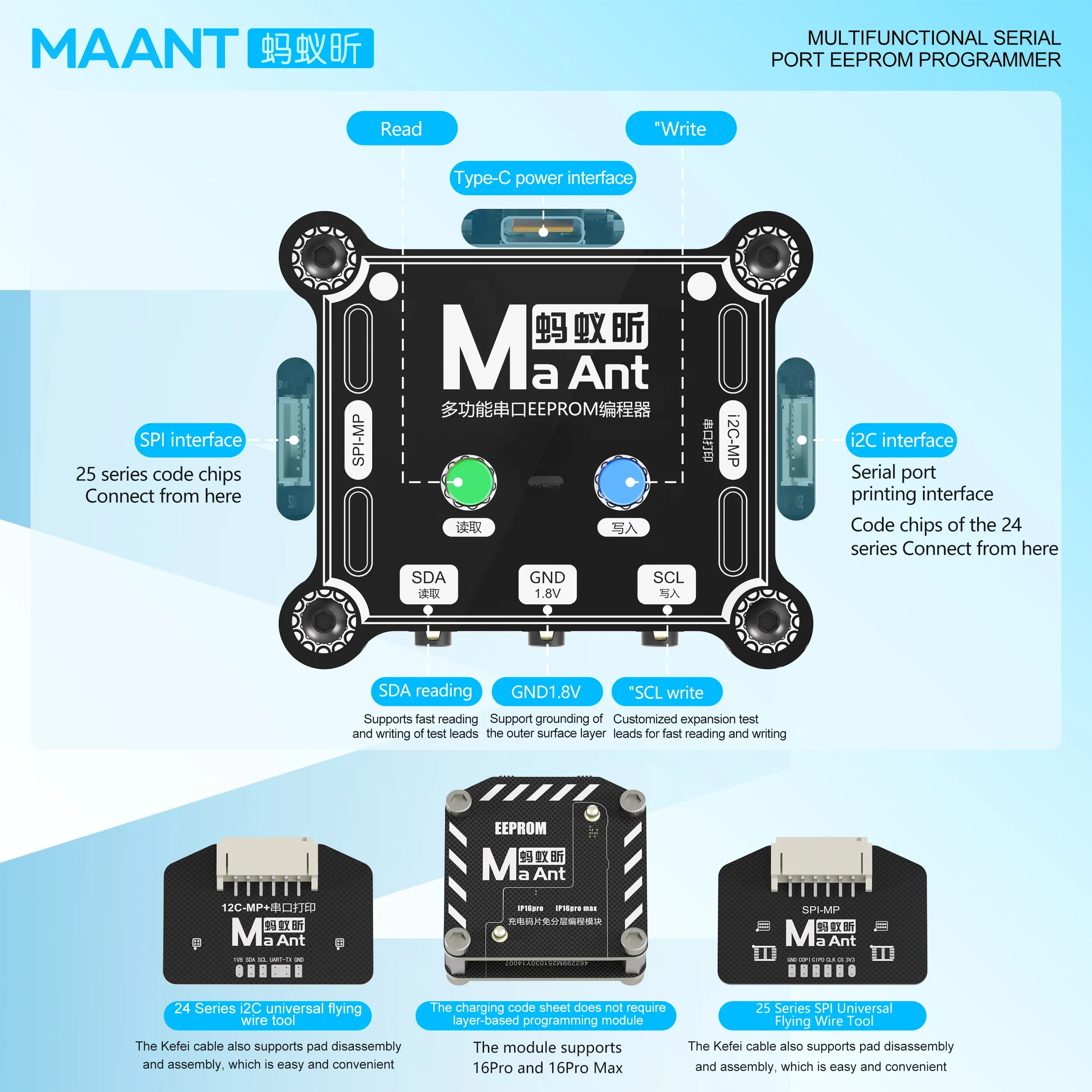MAANT E1 Multi-functional Serial Port EEPROM Programmer Compatible 24 Series I2C/25 Series SP1 for 16P/PM IC Repair Tool