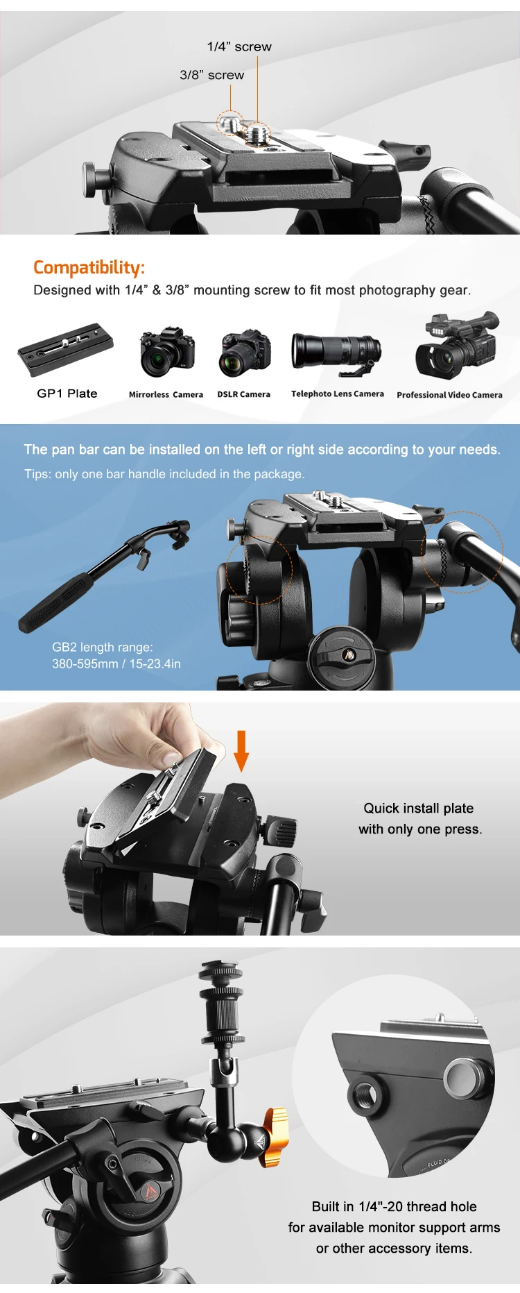 .E-IMAGE EK780 EK780 PLUS Tripod Aluminum Alloy Professional 75MM 100MM Ball Bow