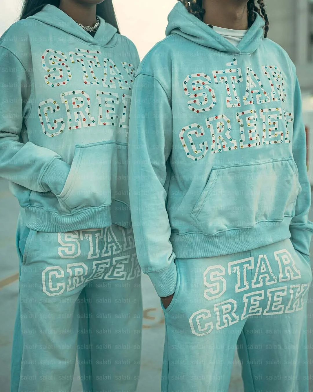Salati Custom Flared Sweatpants and Hoodie Set Unisex 500 GSM Oversized Acid Wash Rhinestone Sweatsuits Baggy Tracksuits for Men