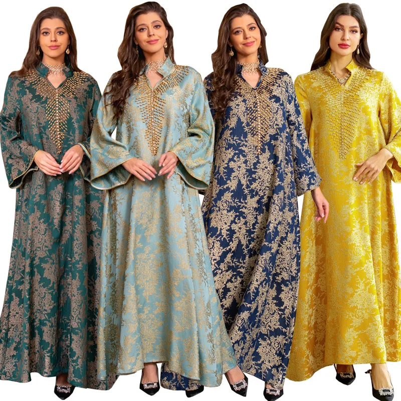 New Eid Muslim Dress for Women Beading Stand Collar Jalabiya Party Dress Arab Long Robe Morocco Kaftan Embroidery Luxury Thawb