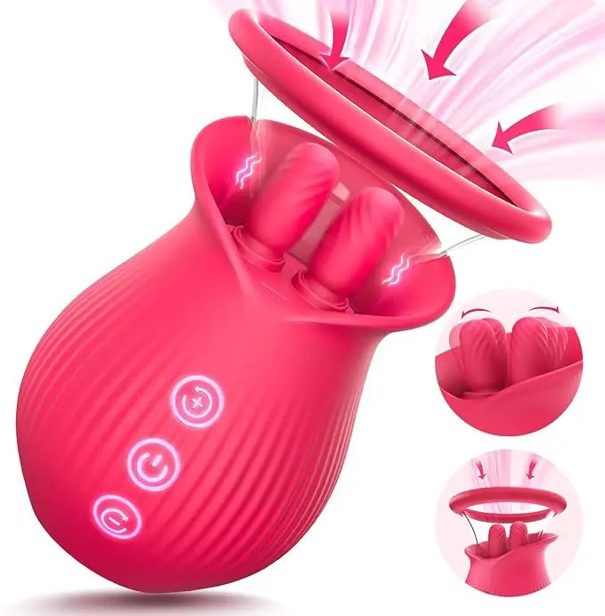 Rose Sucking Toy 3 in 1 Sucking and Licking Dildo G Spot Nipple Clitoral  Stimulator 2 Suction Cup Sex Toys Vibrator for Woman