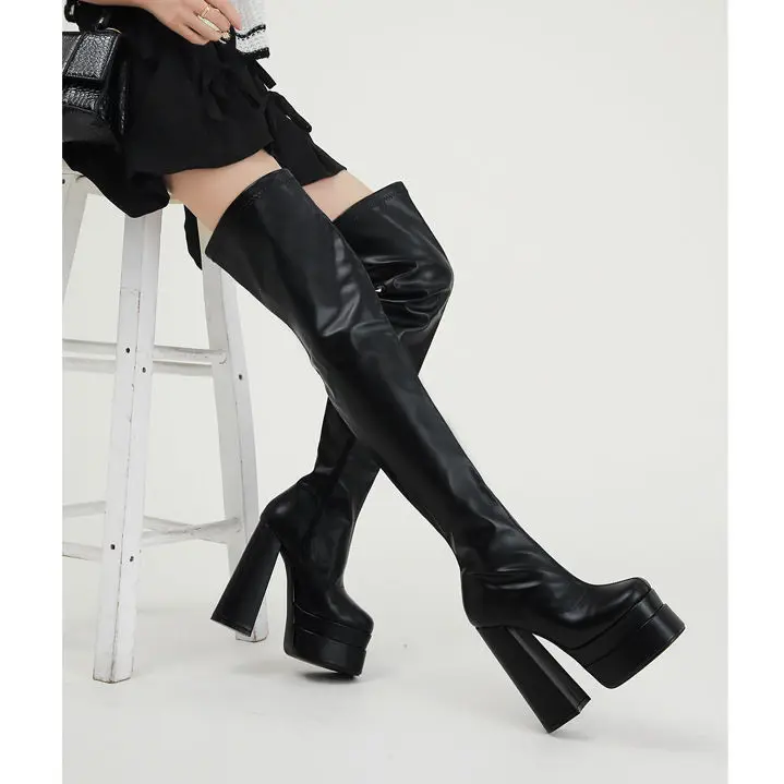 Botas largas hasta la rodilla para mujer, botas gruesas de cuero