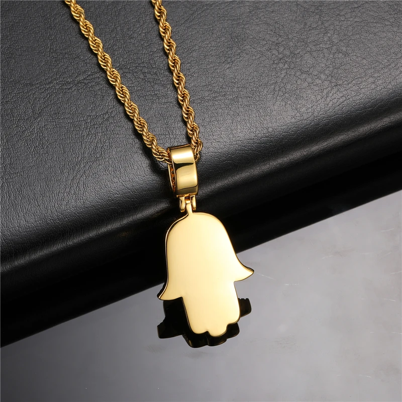 Hip Hop Jewelry Hamsa Hand Pendant Iced Out CZ Cubic Zirconia Necklace Iced Hamsa Hand Pendent Necklace in White Gold Jewelry