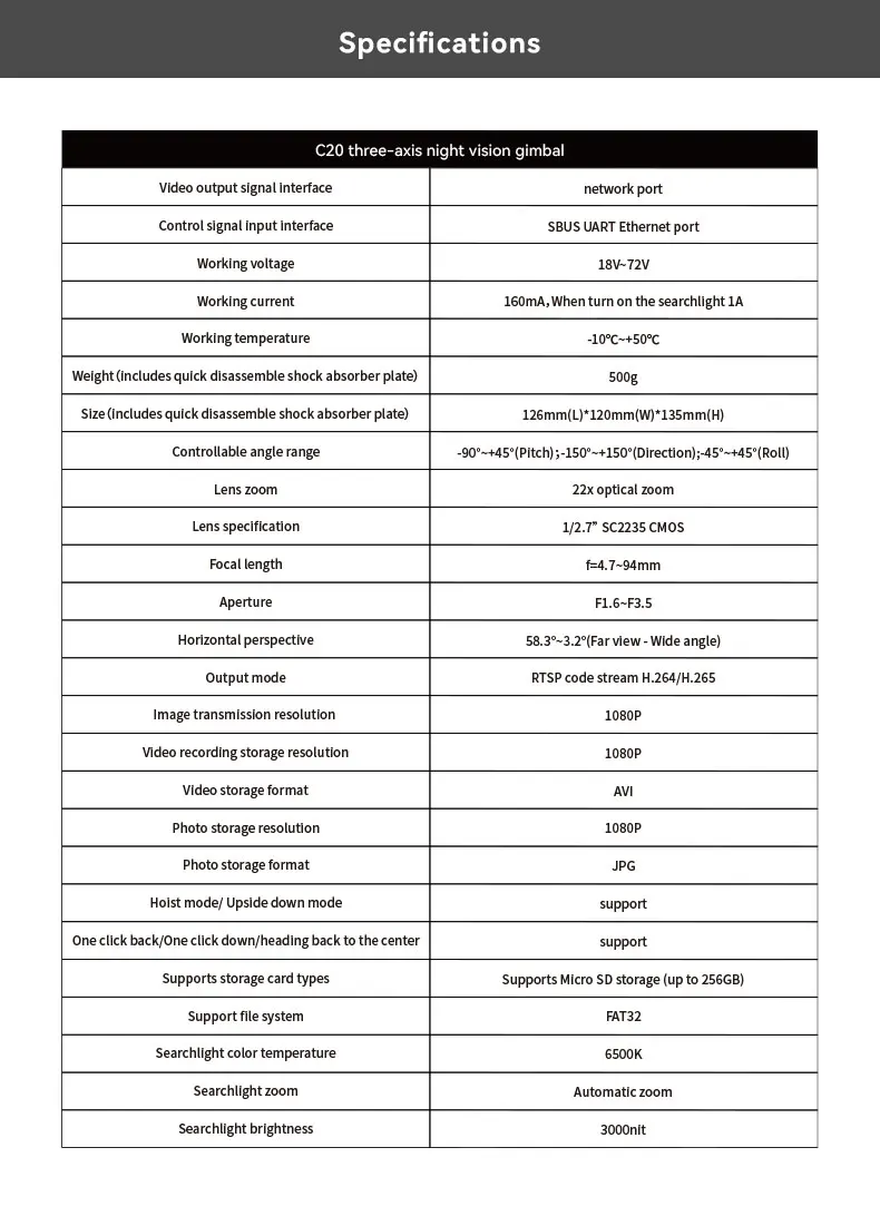 Skydroid C20 Gimbal kamera ile Agricultural Zoom üç eksenli gece görüş uzaktan kumanda tarım VTOL İha için