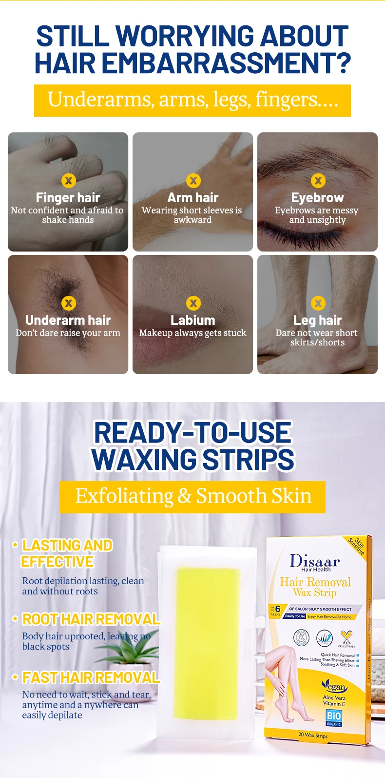 Disaar Skin Sensitive Wax Strips Hair Removal Wax Strips Body Wax Strips for Hair Removal