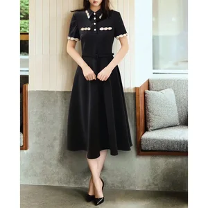 French Style Elegant Women's Autumn New Arrival Anti-Static Handmade Bow Waist High Waist Slimming Big Swing Party Dress