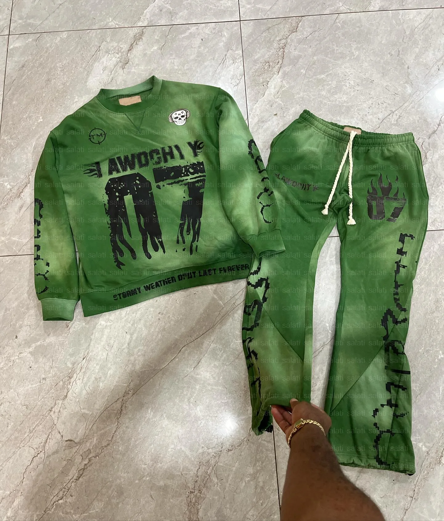 Custom Print Acid Wash Flared Tracksuit Cotton French Terry Sun Faded Sweatsuit Baggy Jogging Suit Sweatshirt and Sweatpants Set