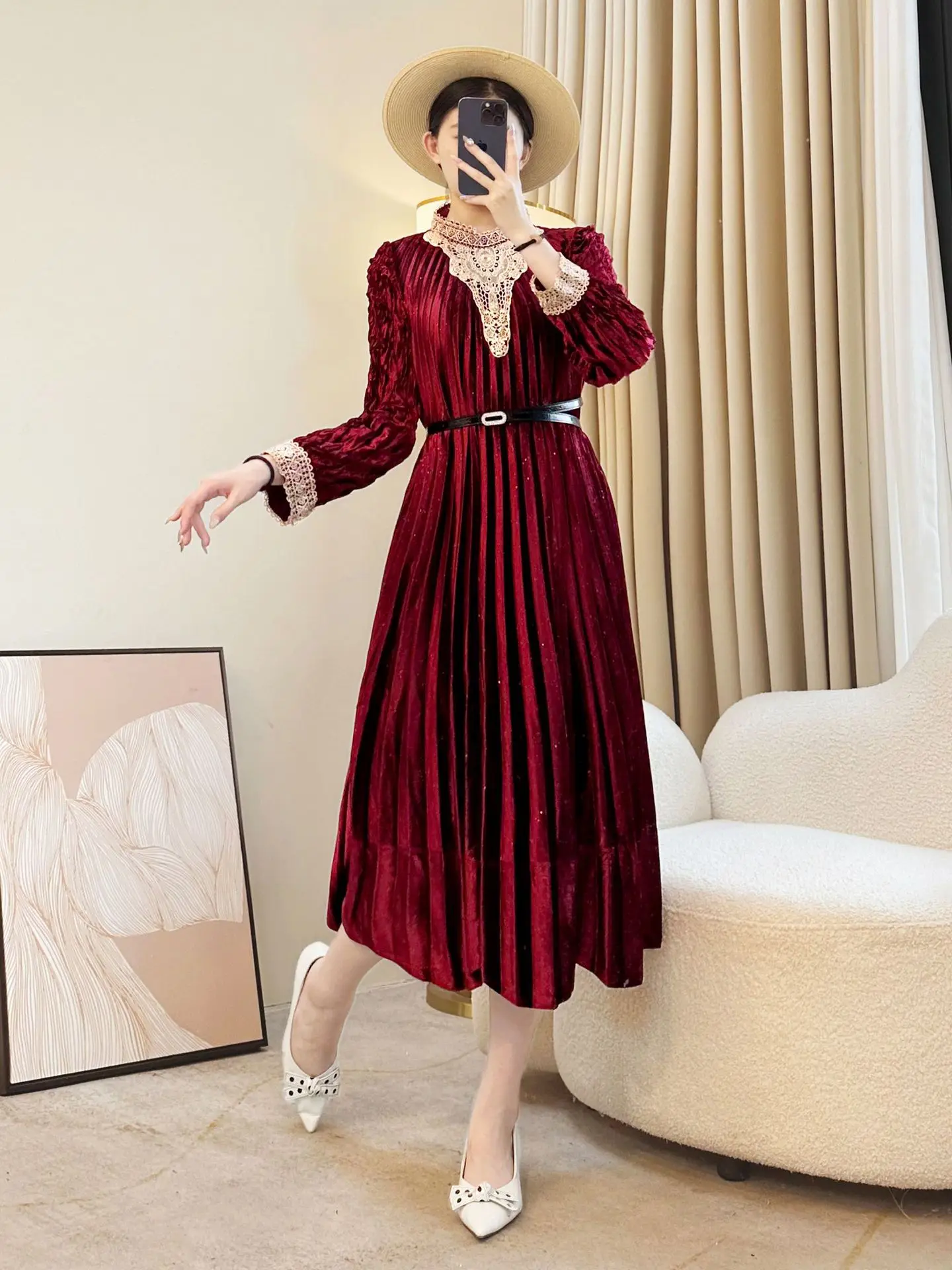 Gorgeous Black Pleated Midi Dress Lace Collar, Sparkling Embellishments &  Waist - Defining Belt Design Women's Casual Dress