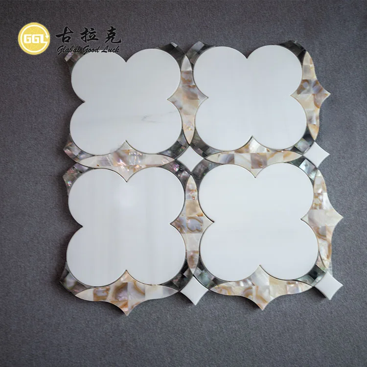 Factory Thassos White Marble Mixed Mother of Pearl Shell Waterjet Mosaic Tile for Kitchen Backsplash Bathroom Decor manufacture