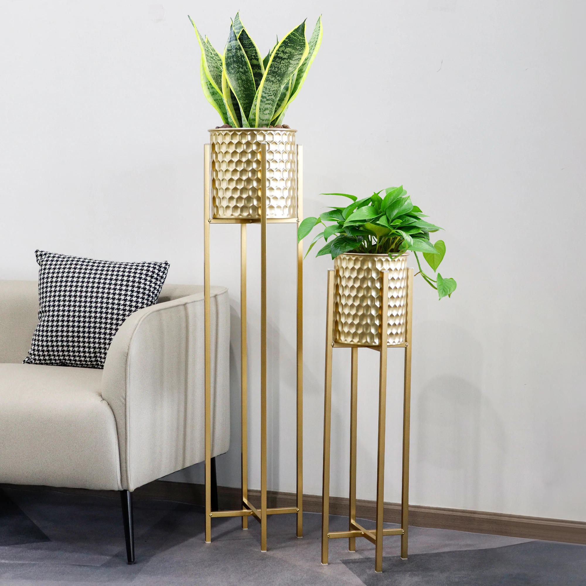 Set of 2 Tall Gold Flower Pot Classic Honeycomb Surface Design Indoor  Balcony Decorative Planter With Stury Stand| Alibaba.com