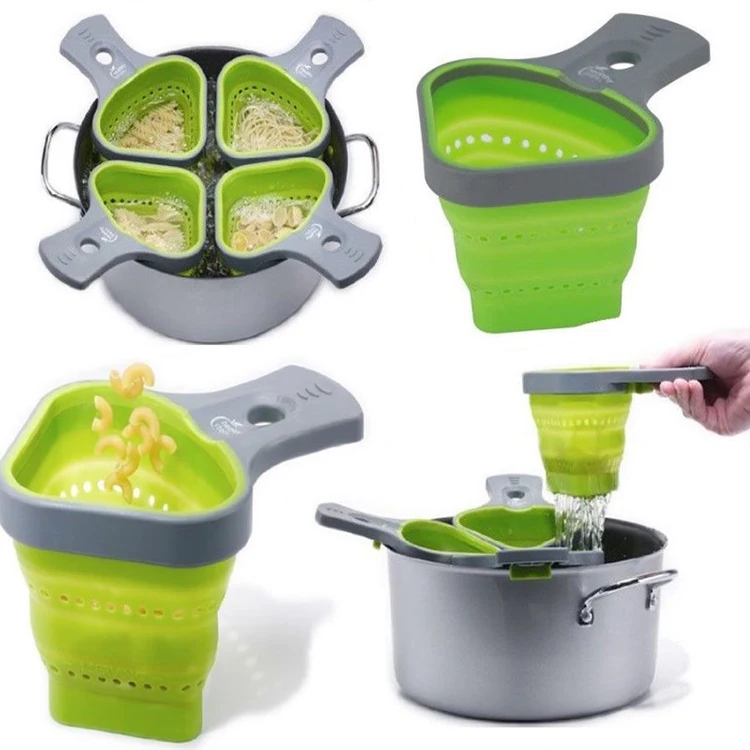 Durable Silicone Pot Strainer Heat Resistance Kitchen Gizmo Pasta Strainer Collapsible Triangular Strainer Basket With Handle