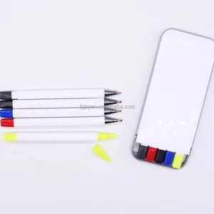 Pen Set in a Box with Blue Black Red Ballpoint Pen and Pencil Highlighter Pen Multi-function in 1 Gift Pencil Case Set