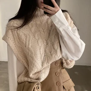 2024 Orange Blue Black Autumn Winter Knitted Pullover Female Korean Loose Sleeveless Top Vintage Turtleneck Women's Sweater Vest