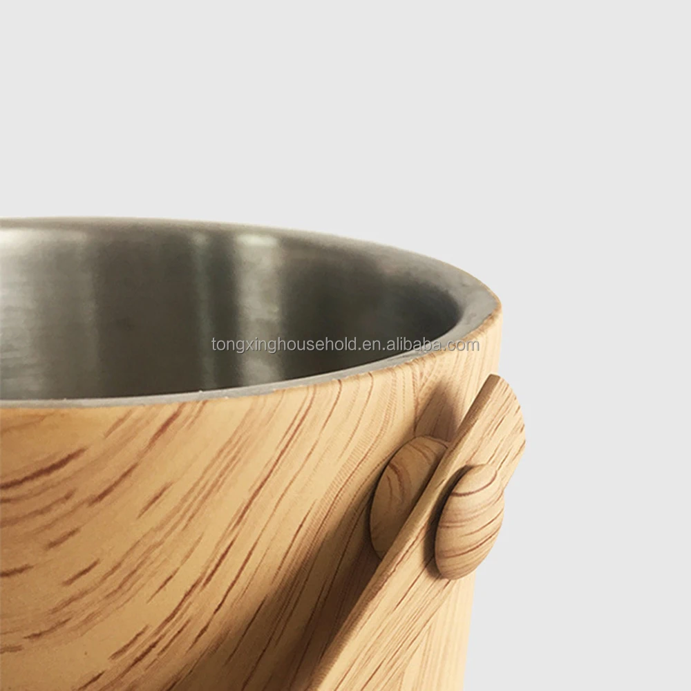 Wooden Beer Buckets Barrel Ice Cooler With Tongs Double Wall Stainless