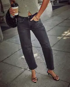 New 2026 Vintage European/American Style Regular Wide-Leg Mid-Waist Straight Quick Dry Denim/Nylon/Cotton Jeans Women
