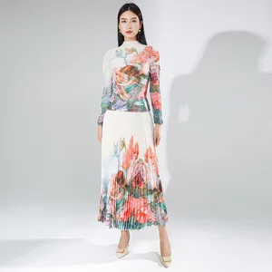 Unique and Stylish Designer Set - Fashionable and Youthful Print Top With High Waist Pleated Skirt Miyake Two-Piece Set