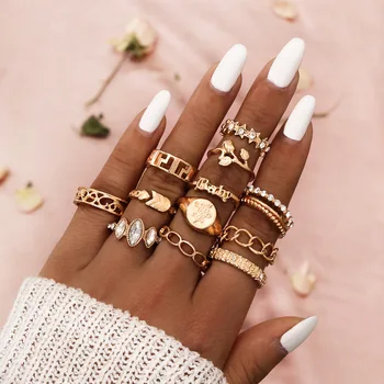 12pcs set Flower Star Knuckle Ring Gold Plated Rings Boho Gold Plated Link Chain Crystal Rose For Woman