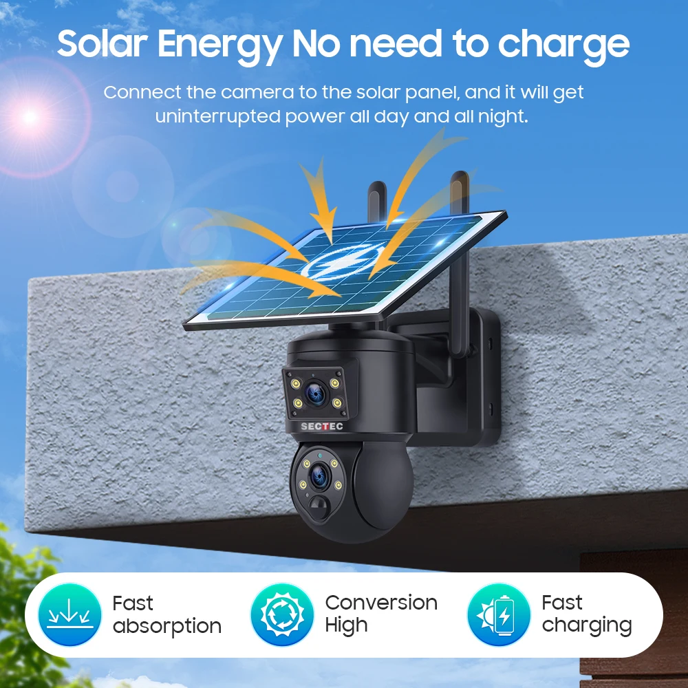 Dual Lens Dual View 6MP 3K PTZ Alarm 4G Sim Card LTE Solar Camera IP66 Waterproof Security System IR Night Vision CCTV Camera