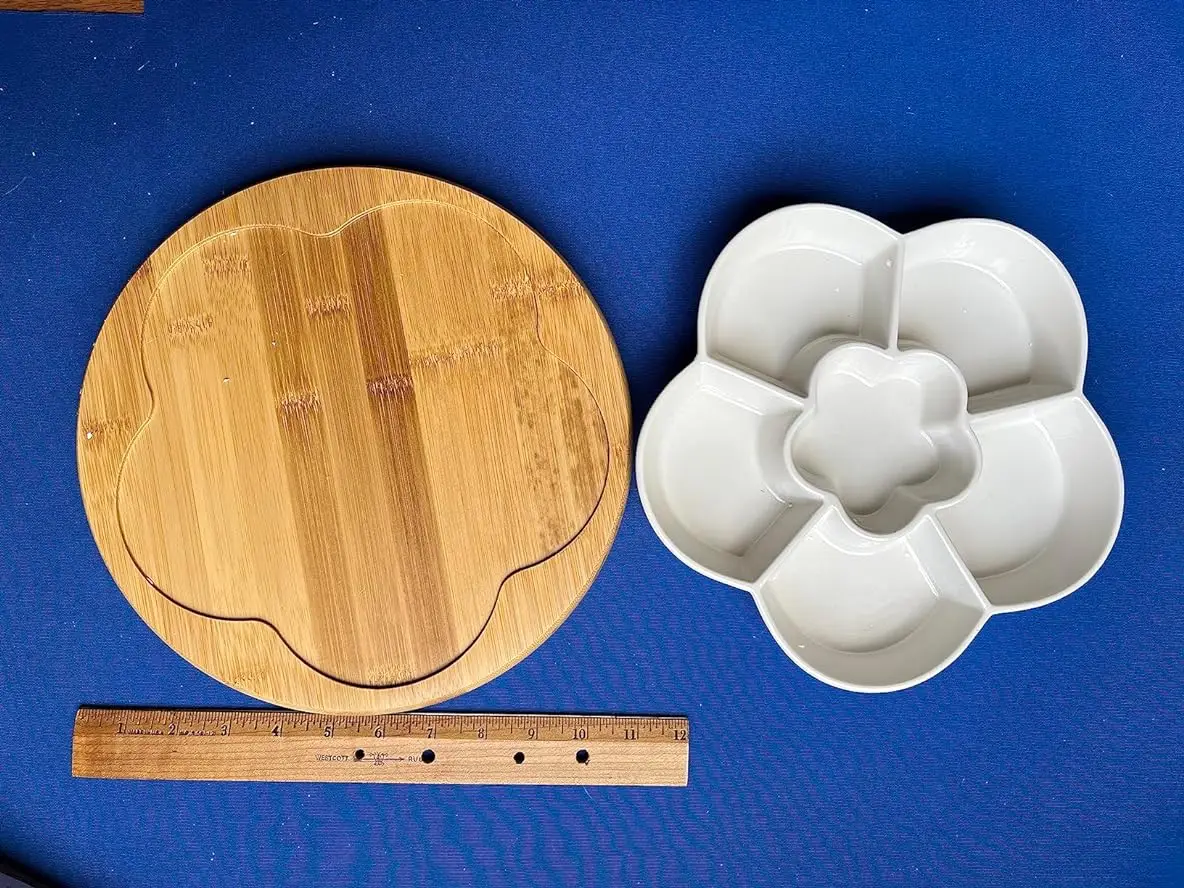 Vassoio Girevole Lazy Susan In Bambù Con Set Di 7 Ciotole In Ceramica: 6 Piccole Per Condimenti E 1 Grande Centrale, Elegante E Pratico Per Snack E Salse