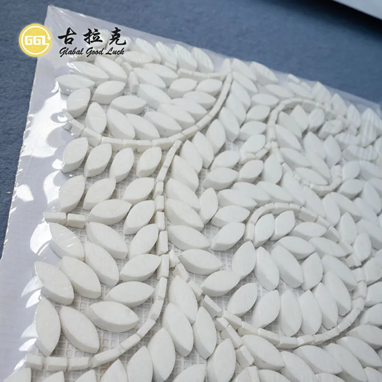 Interior Wall Tile Water Jet Nature Marble Leaf Design Stone Mosaic Wall Floor Tile