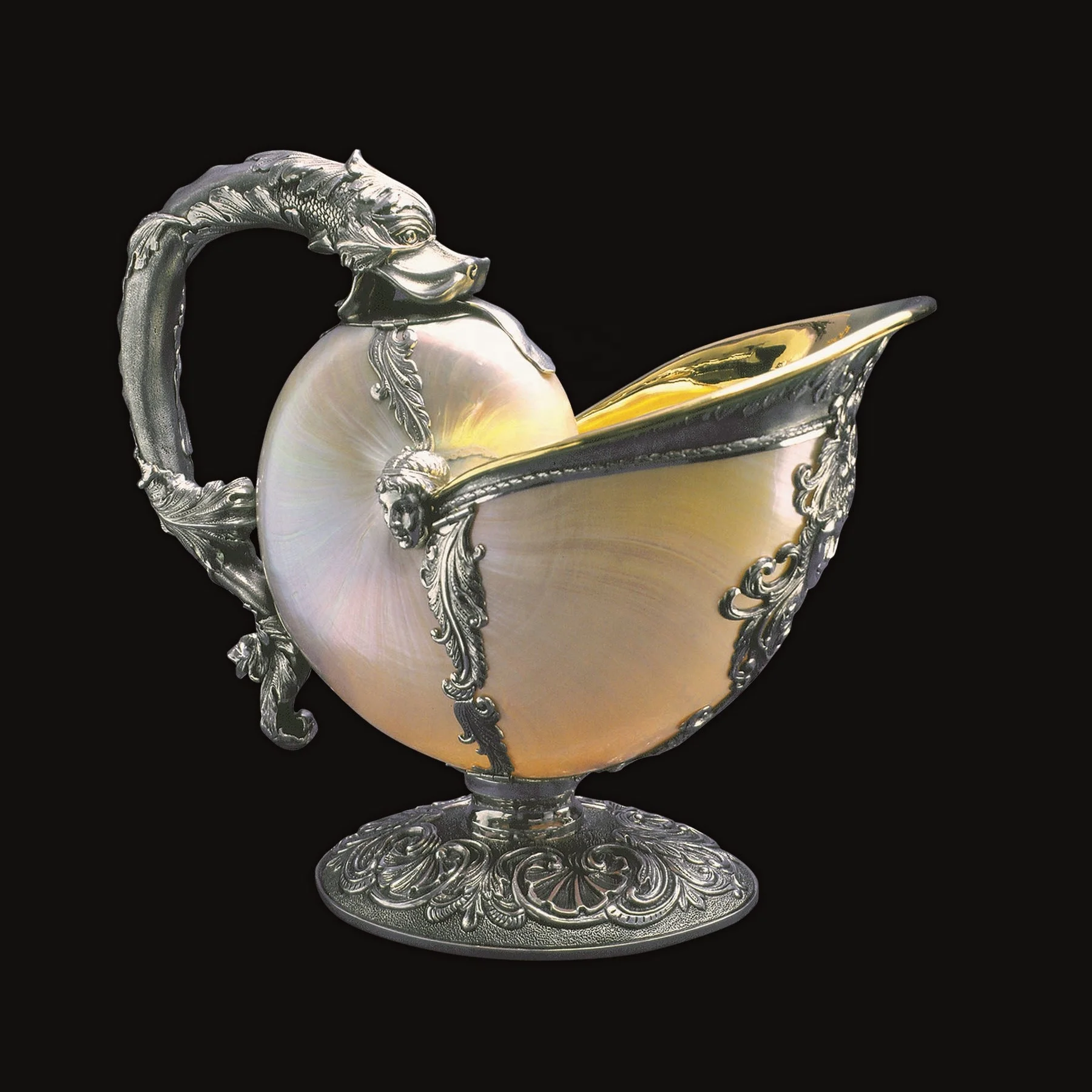 
Уникальная ваза «дракон», дизайн на основе Faberge Works, эксклюзивное ювелирное изделие, серебро 925 пробы и натуральная морская раковина наутилуса 