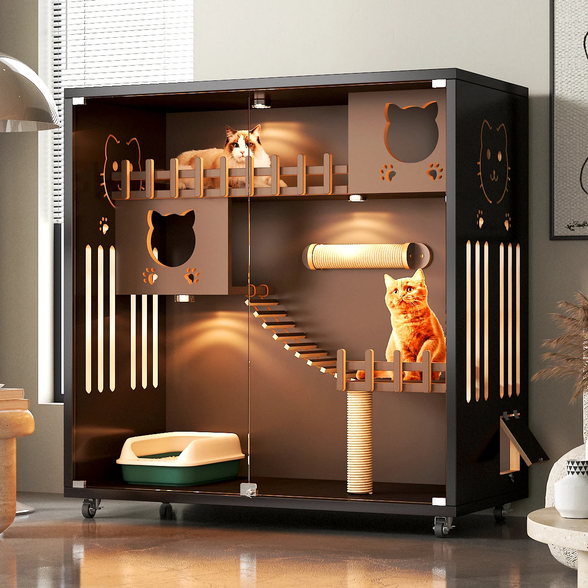 Luxury Pet Cat Cage House Panoramic Light Solid Wood