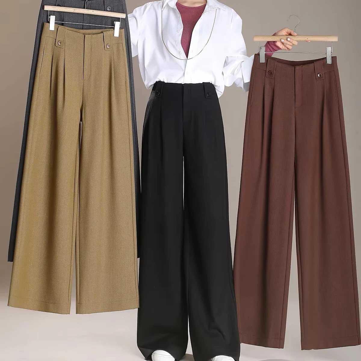 Women's High Mid Waist Office Pants Autumn Winter Wide Leg Straight Long Trousers for Ladies